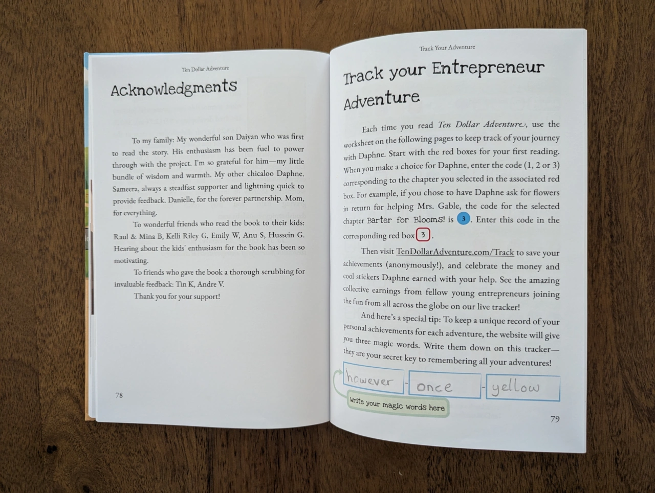 Track Your Adventure section of the book showing the magic words "however-once-yellow' written down